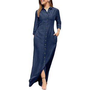 Women's Casual Denim Maxi Dress Long Sleeve Pockets Button Up Stylish